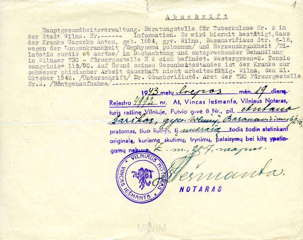 KKE 5733-2.jpg - (niemiecki-litewski) Dok. Zaświadczenia lekarskie tłumaczone przez notariusza na język niemiecki dla Antoniego Graszko, Wilno, 23 X 1942 r./19 VII 1943 r.